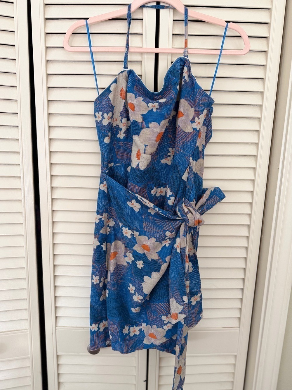 Urban Outfitters Blue Floral Linen Blend Tie Waist Mini Dress Size L - Picture 4 of 7
